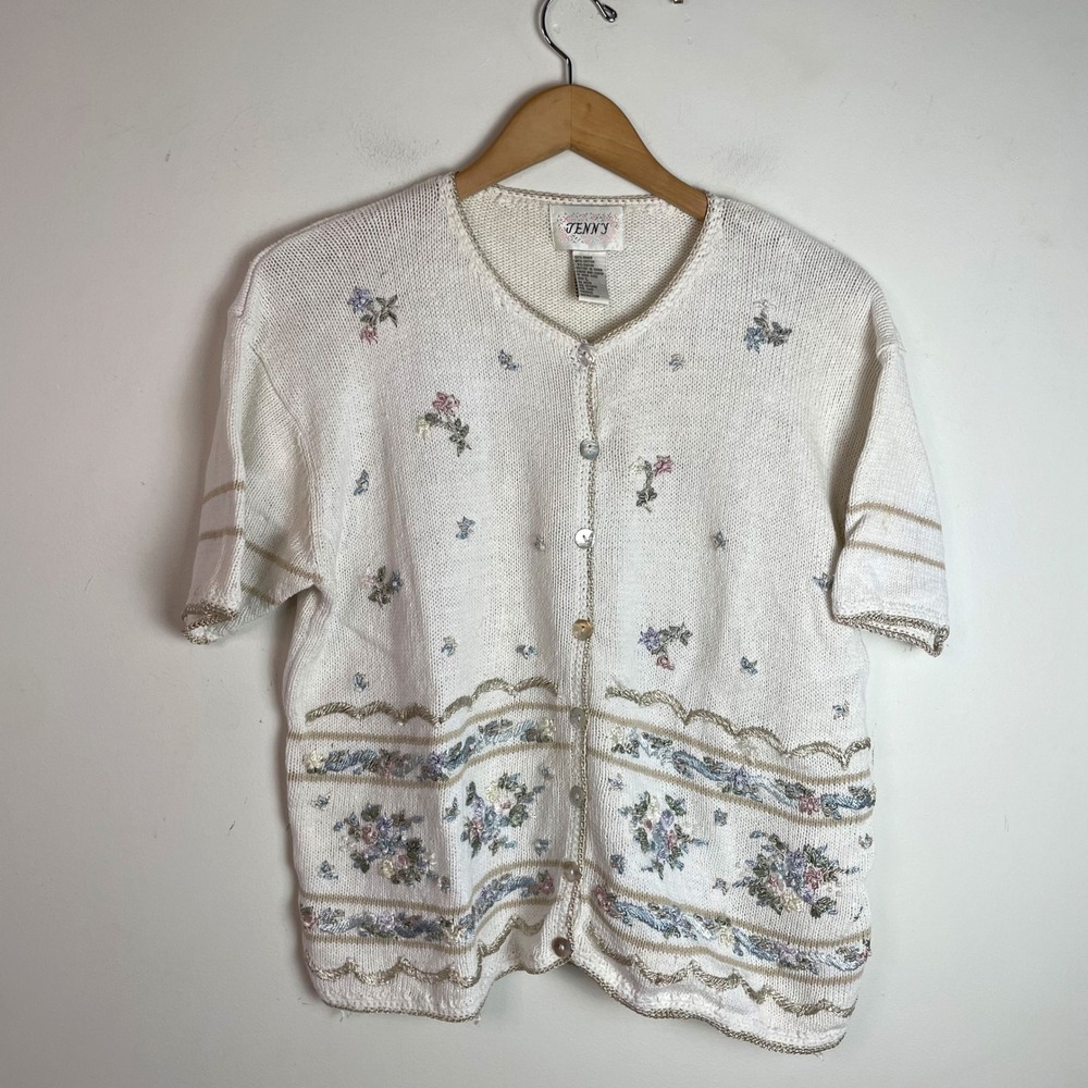 Floral Embroidered Cardigan Sweater Blouse Large Vintage 90s Cottagecore Grandma